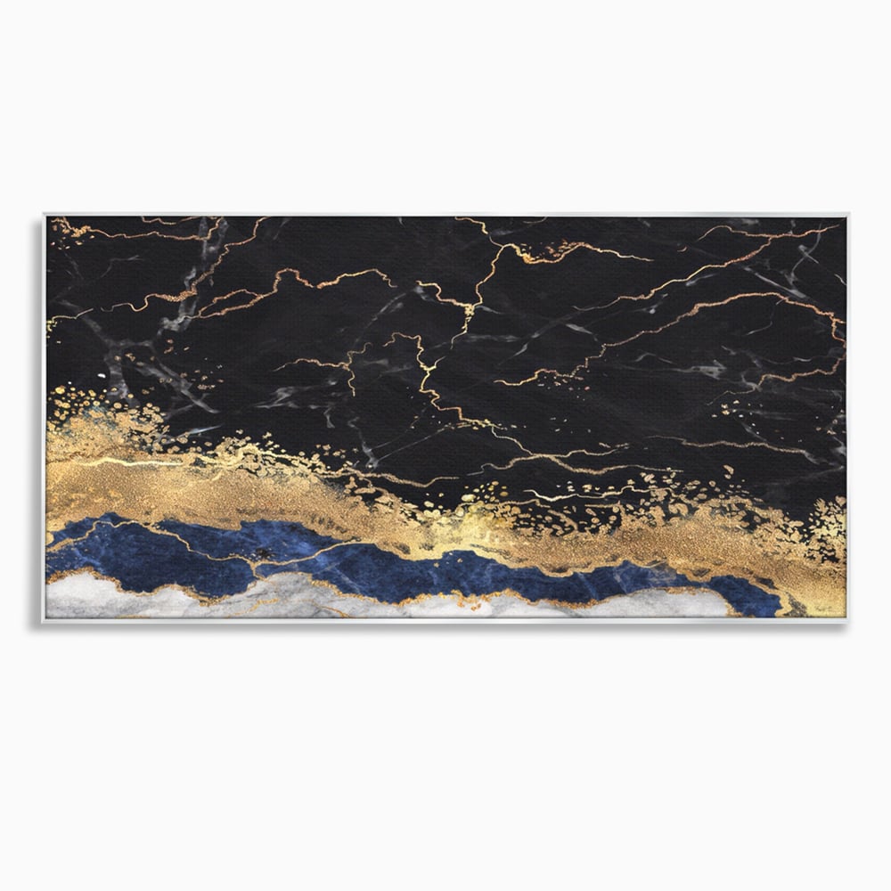 Tablou canvas cu tablou abstract cu marmura si auriu, in rama de aluminiu argintiu